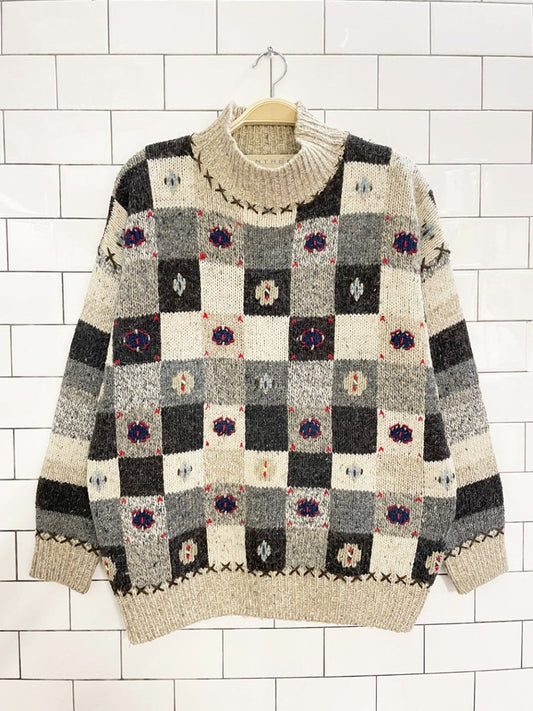 vintage entrée wool - blend checkerboard rustic knit sweater - good market thrift store