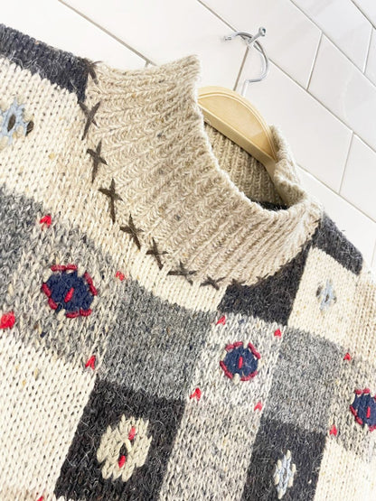 vintage entrée wool - blend checkerboard rustic knit sweater - good market thrift store