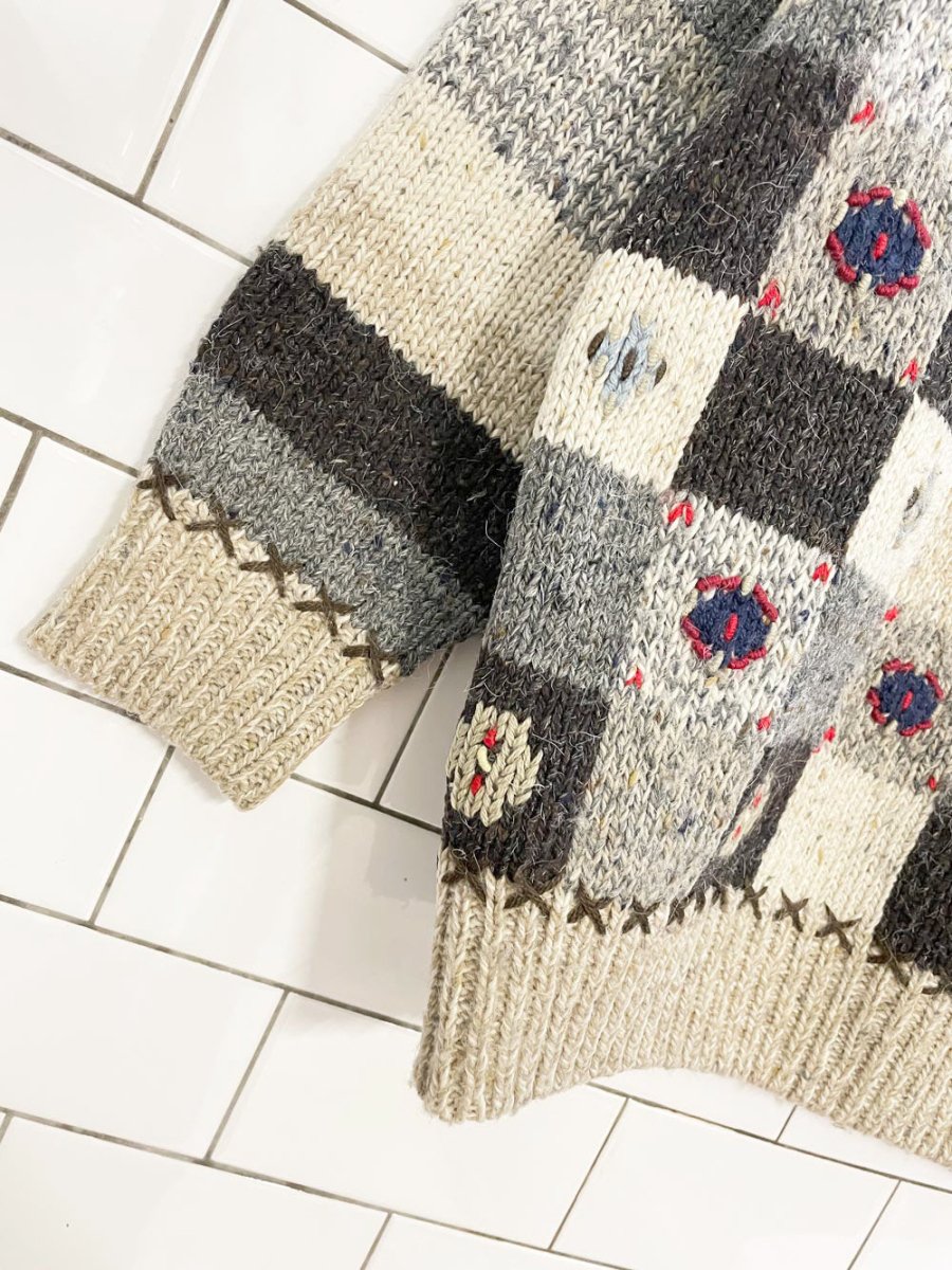 vintage entrée wool - blend checkerboard rustic knit sweater - good market thrift store