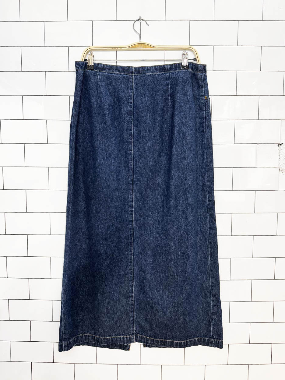 y2k low rise denim maxi skirt