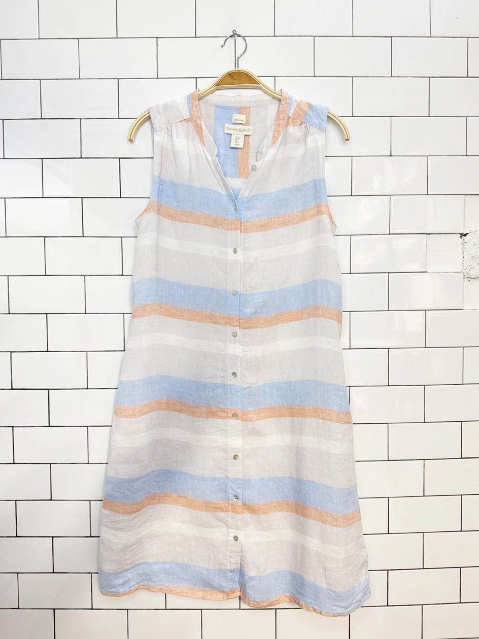 cynthia rowley 100% linen striped sleeveless shirt midi dress