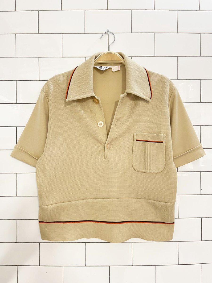 vintage 70s KP knitwear polyknit striped cuff 1/4 button shirt | rework - good market thrift store