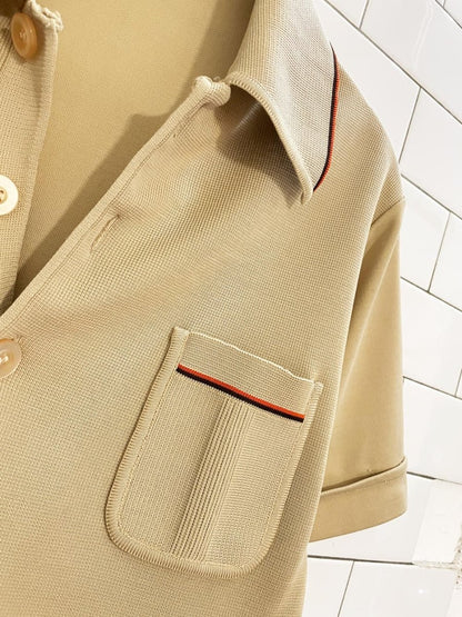 vintage 70s KP knitwear polyknit striped cuff 1/4 button shirt | rework - good market thrift store