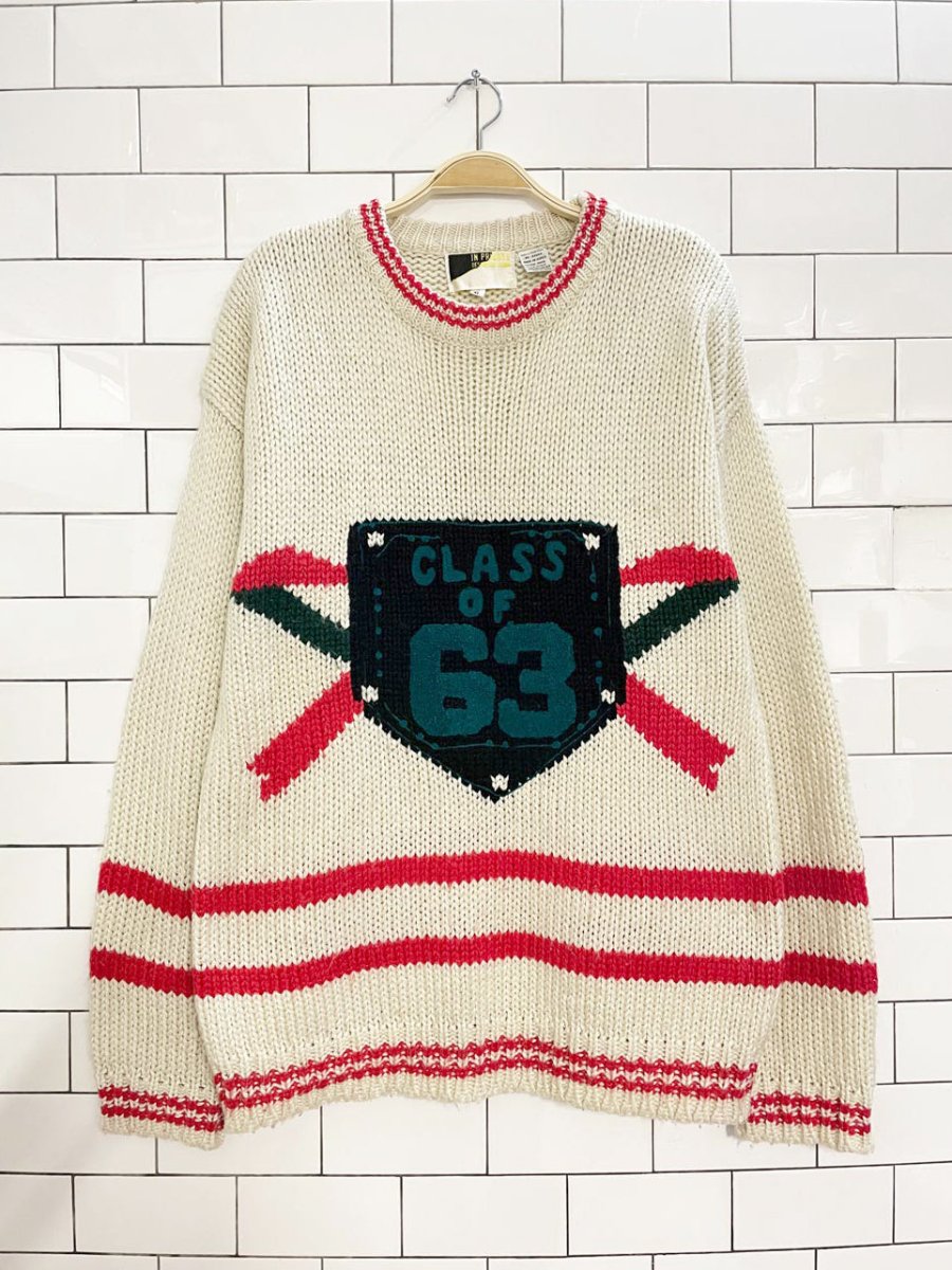vintage 80s in private class of '63 letterman chunky knit sweater - good market thrift store