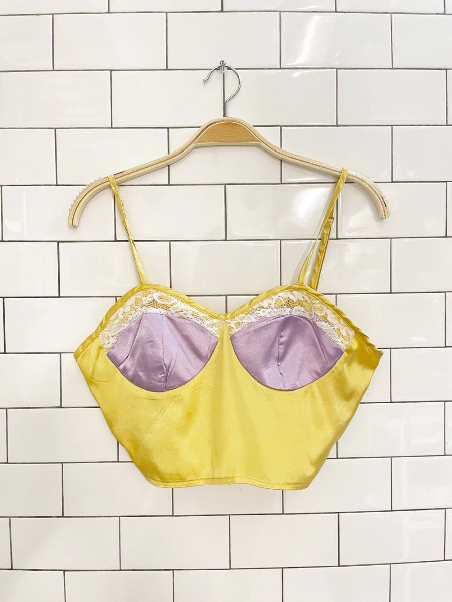 golden satin bustier lace trim crop top - good market thrift store