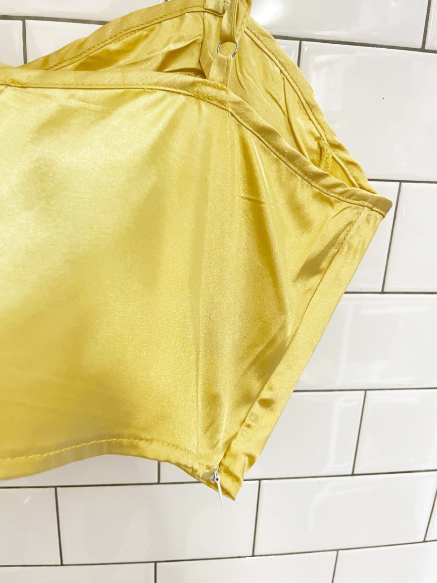 golden satin bustier lace trim crop top - good market thrift store