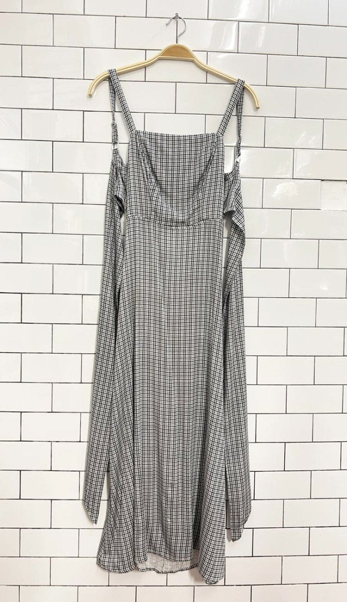 UO layla check straight - neck tie - back midi dress - good market thrift store