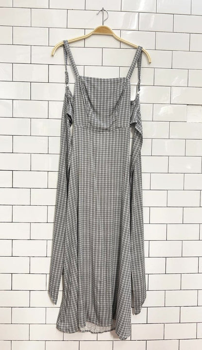 UO layla check straight - neck tie - back midi dress - good market thrift store