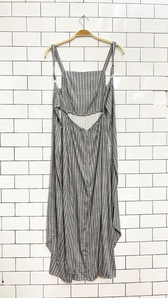 UO layla check straight - neck tie - back midi dress - good market thrift store