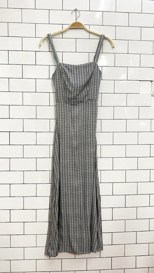 UO layla check straight - neck tie - back midi dress - good market thrift store