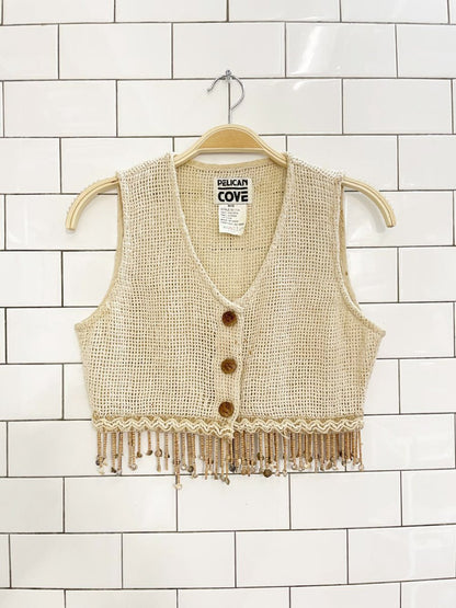 vintage 90s pelican cove crochet knit beaded fringe crop tank | made in India - good market thrift store