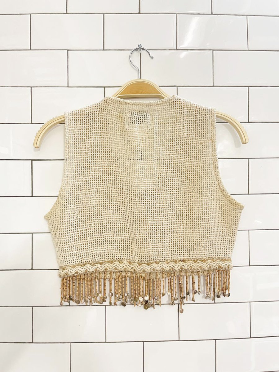 vintage 90s pelican cove crochet knit beaded fringe crop tank | made in India - good market thrift store