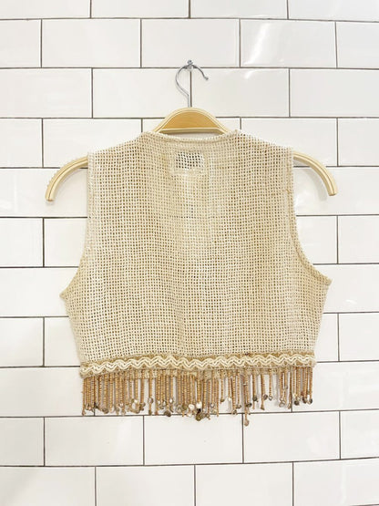 vintage 90s pelican cove crochet knit beaded fringe crop tank | made in India - good market thrift store