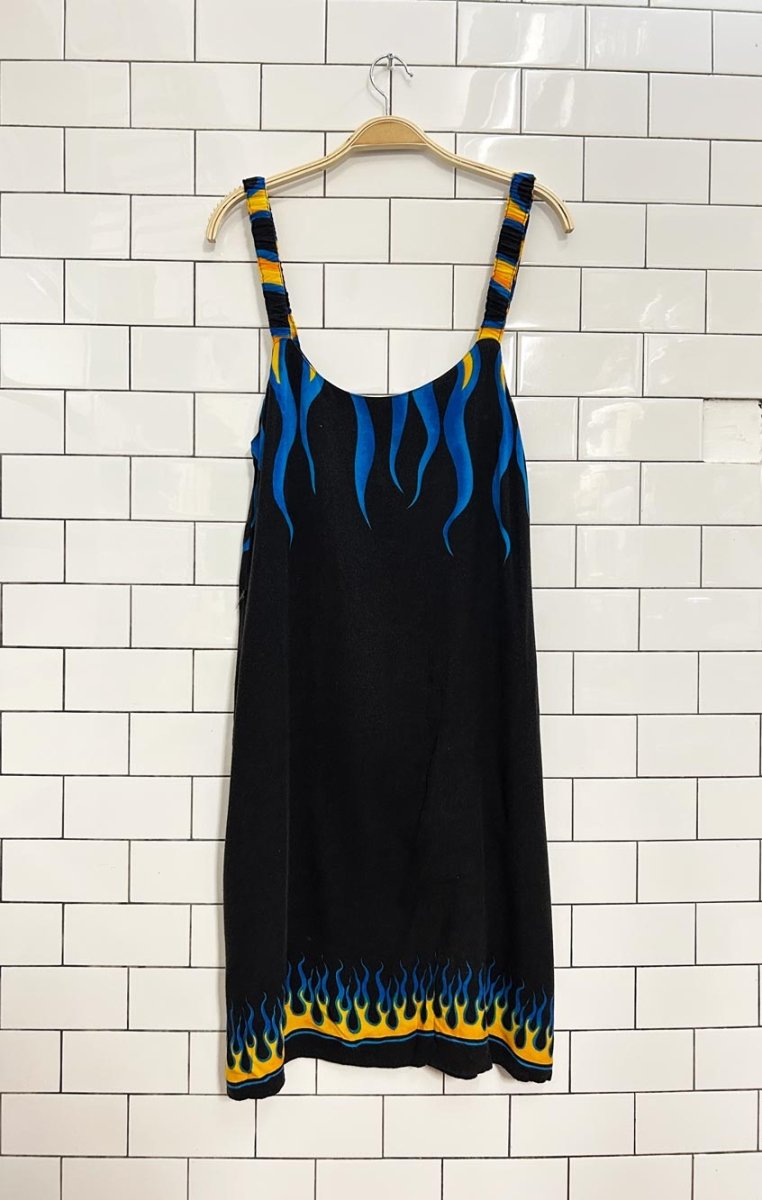vintage 90s racing flame rayon midi dress - good market thrift store