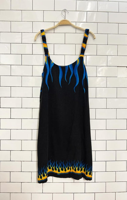 vintage 90s racing flame rayon midi dress - good market thrift store