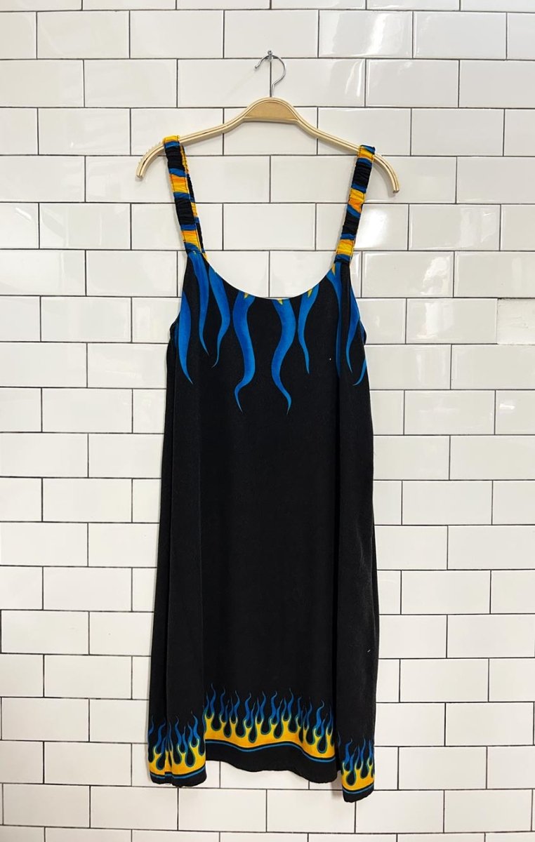 vintage 90s racing flame rayon midi dress - good market thrift store
