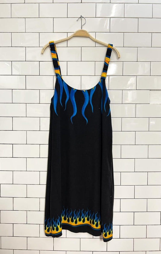 vintage 90s racing flame rayon midi dress - good market thrift store