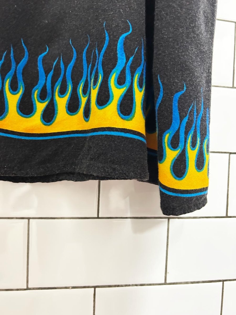 vintage 90s racing flame rayon midi dress - good market thrift store