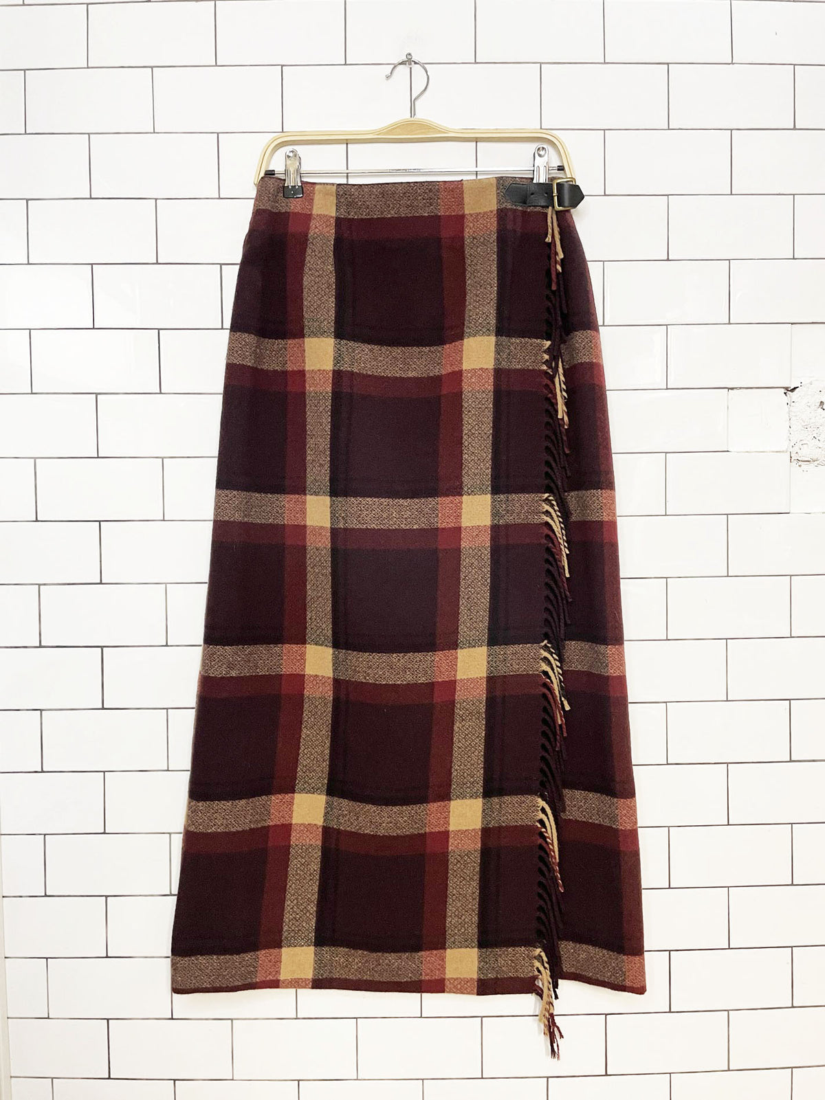 vintage eddie bauer wool-blend wrap fringe plaid maxi skirt