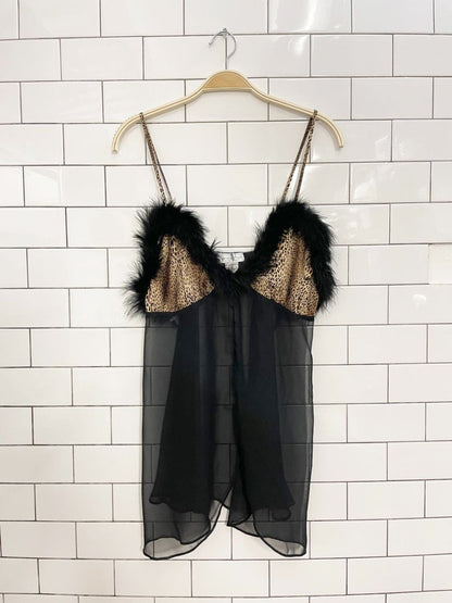 vintage 80s seductive wear animal print + ostrich feather chiffon cami - good market thrift store