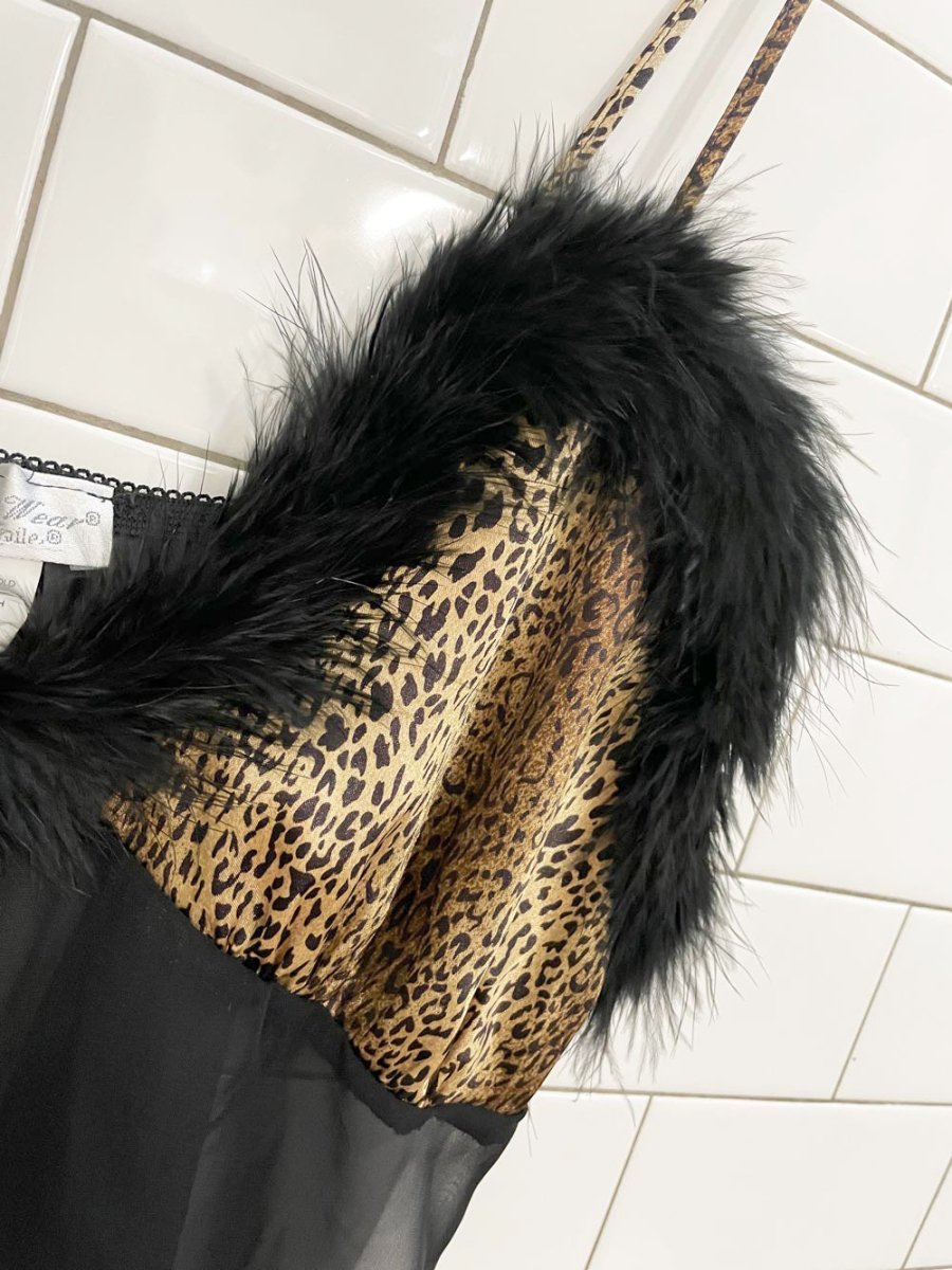 vintage 80s seductive wear animal print + ostrich feather chiffon cami - good market thrift store