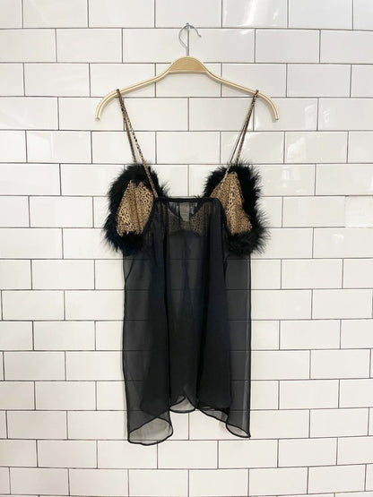vintage 80s seductive wear animal print + ostrich feather chiffon cami - good market thrift store