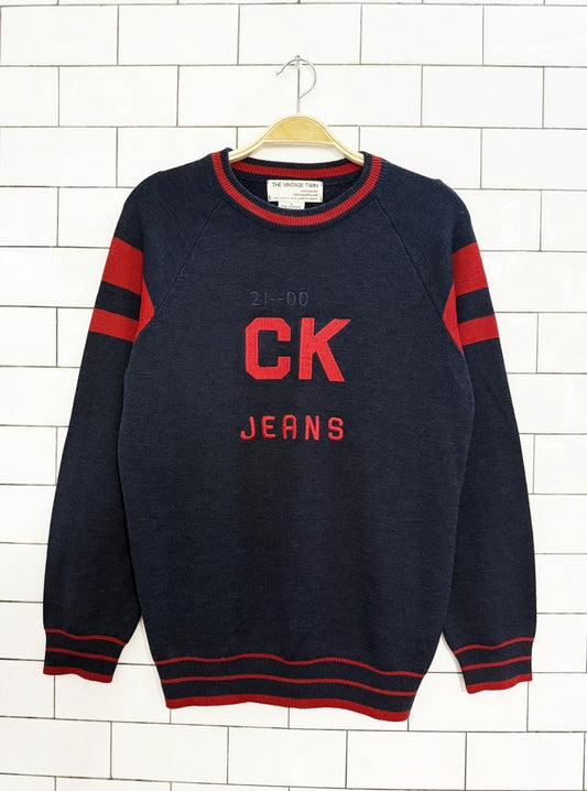 vintage 00s calvin klein wool - blend collegiate logo sweater | the vintage twin - good market thrift store