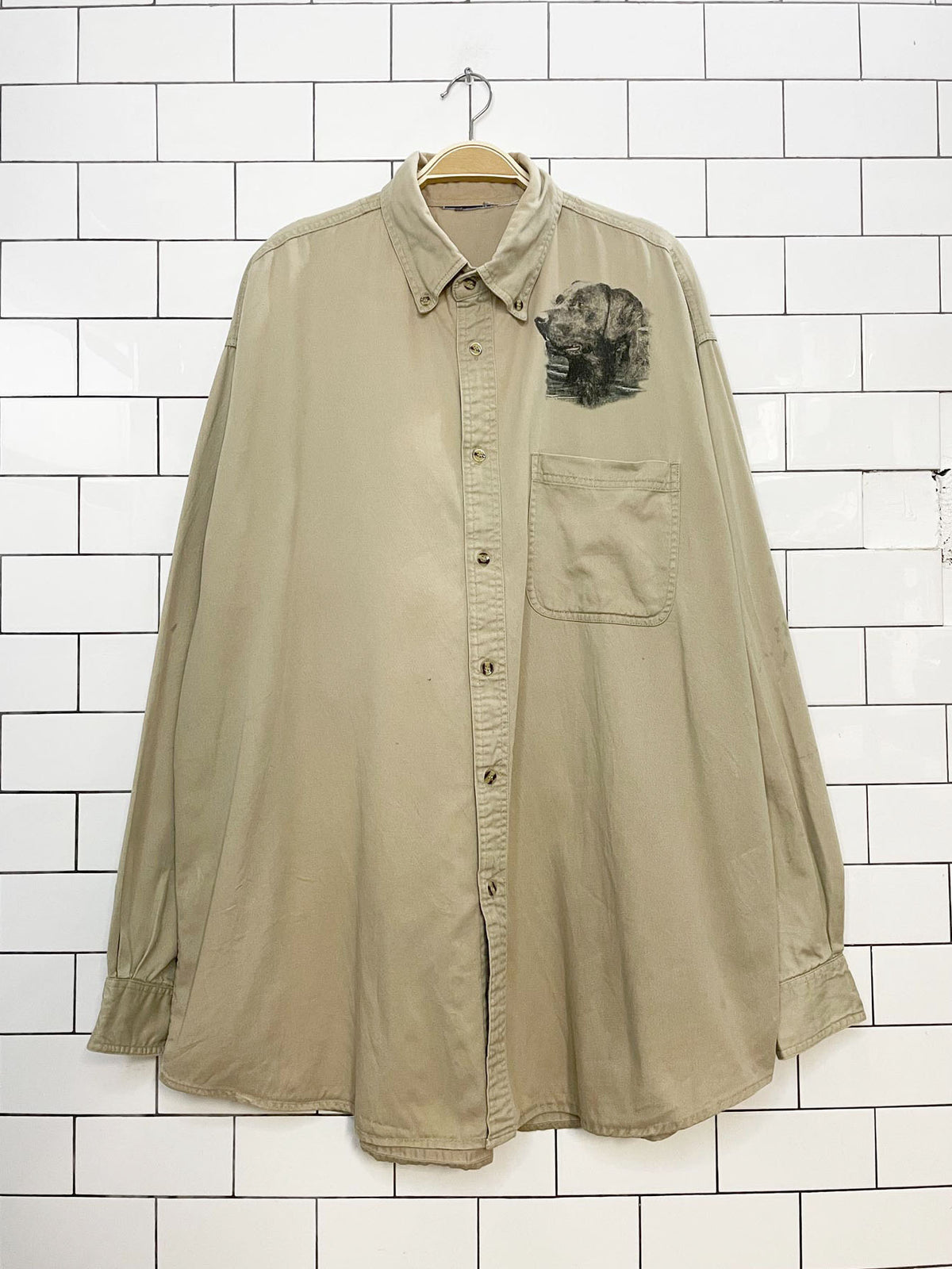 vintage hunting forest dog scene full button shirt