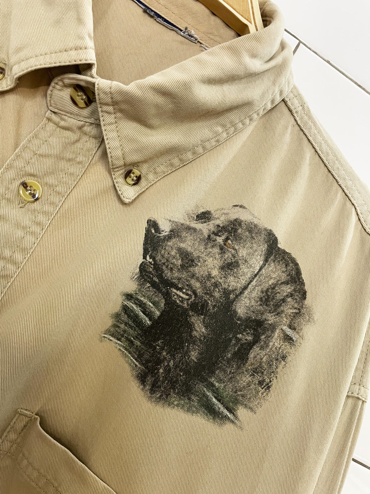 vintage hunting forest dog scene full button shirt
