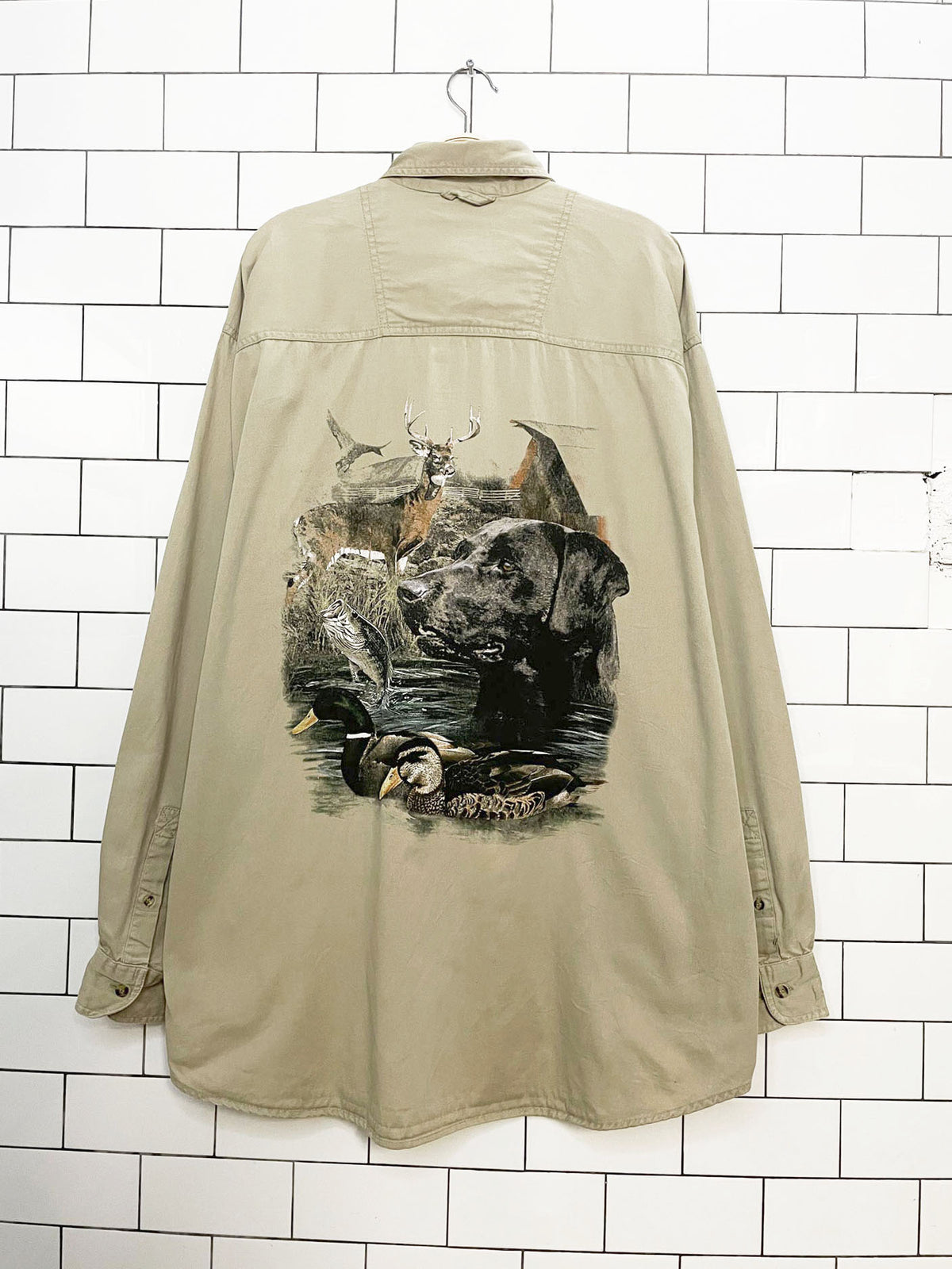 vintage hunting forest dog scene full button shirt