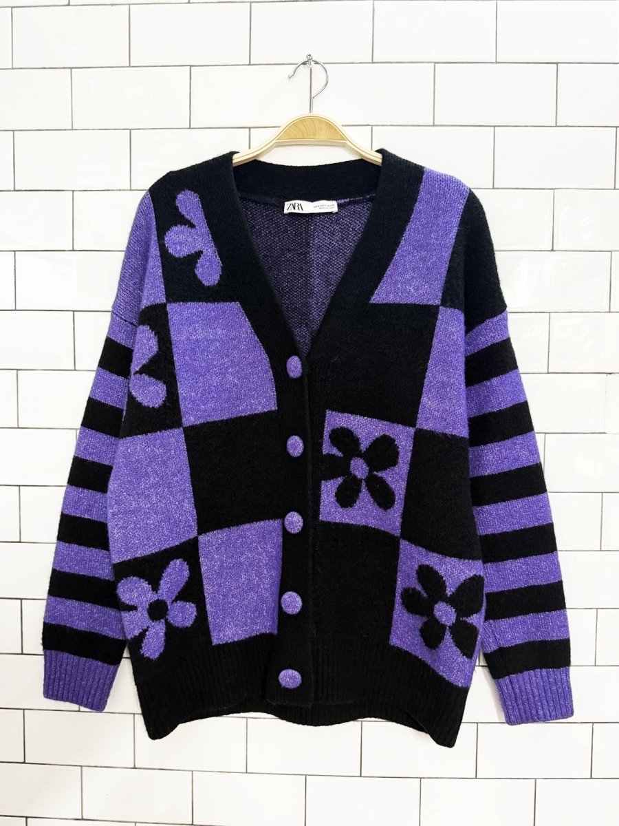 zara wool - blend oversized knit flower check cardigan - good market thrift store