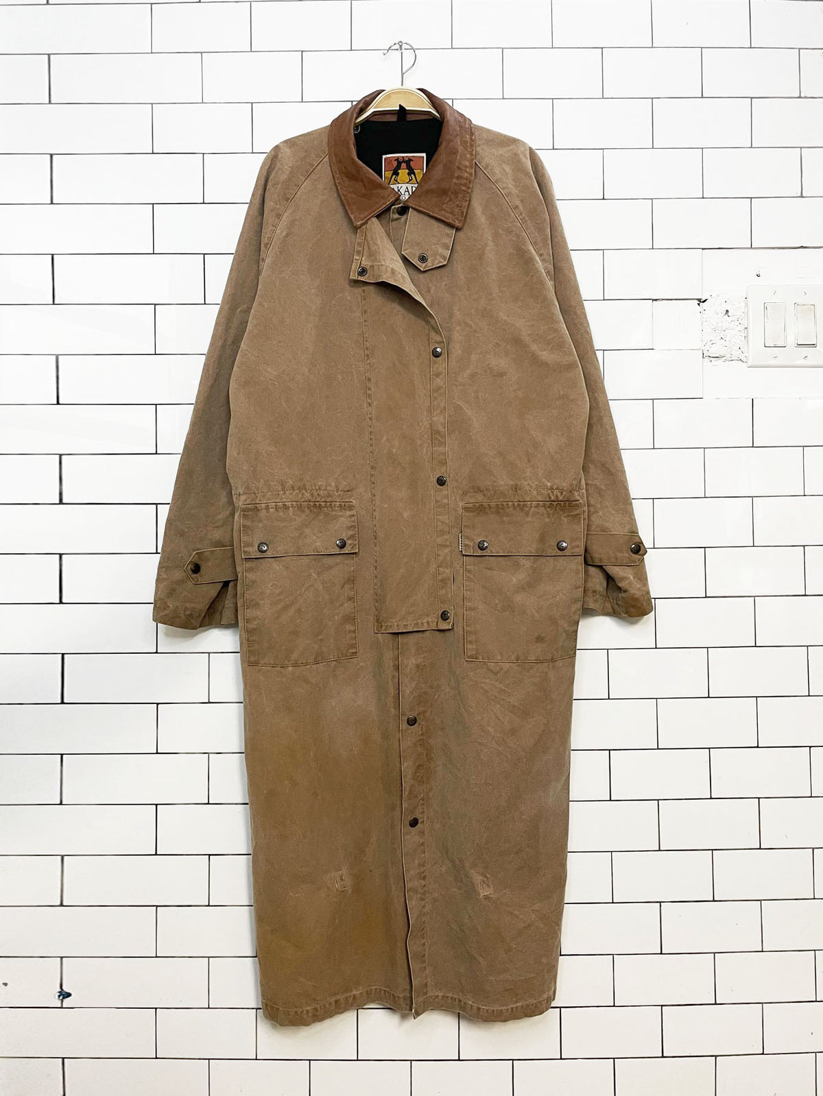 kakadu traders leather collar canvas long rider cinch waist trench coat