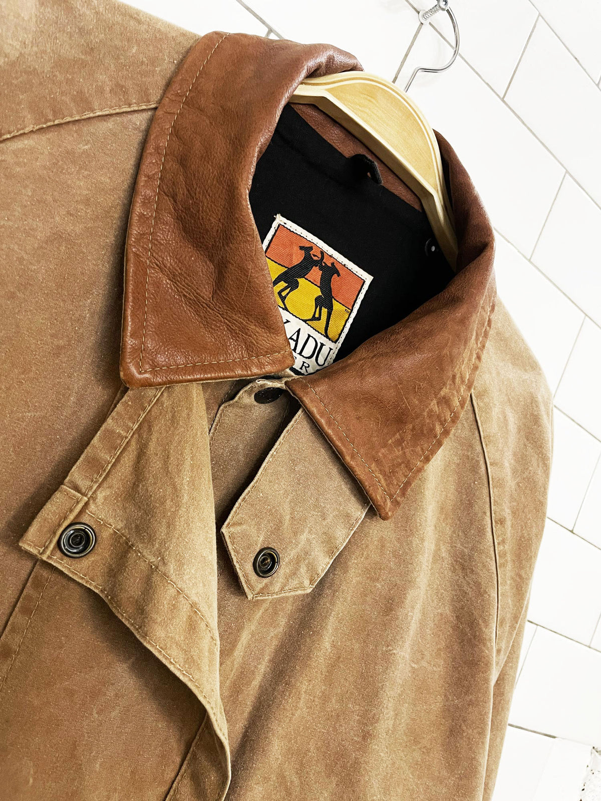 kakadu traders leather collar canvas long rider cinch waist trench coat