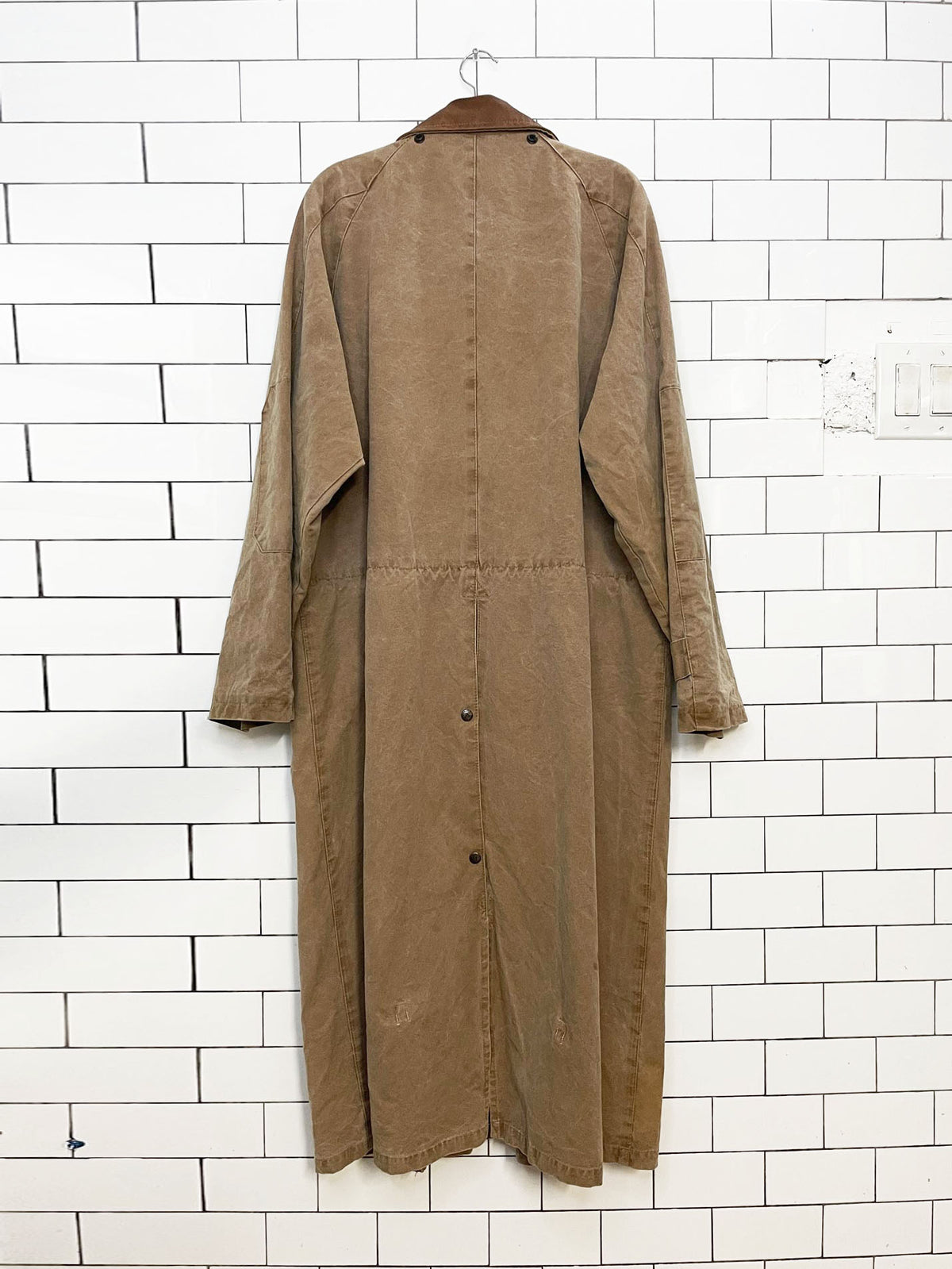kakadu traders leather collar canvas long rider cinch waist trench coat