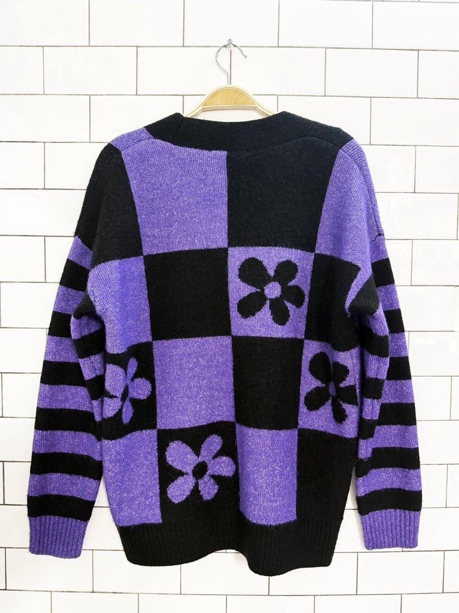 zara wool - blend oversized knit flower check cardigan - good market thrift store