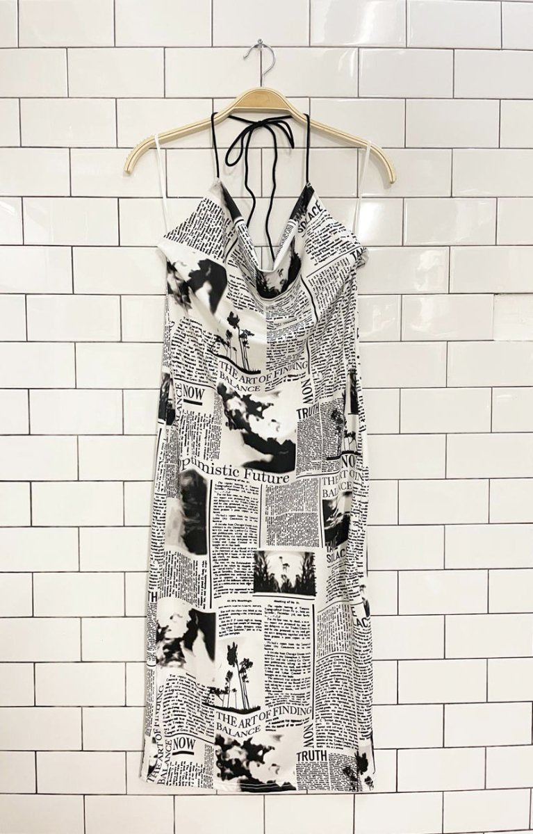 y2k cowl neck newsprint halter midi dress - good market thrift store