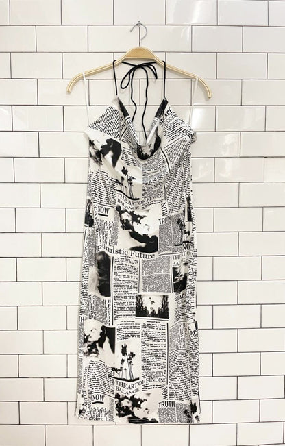 y2k cowl neck newsprint halter midi dress - good market thrift store
