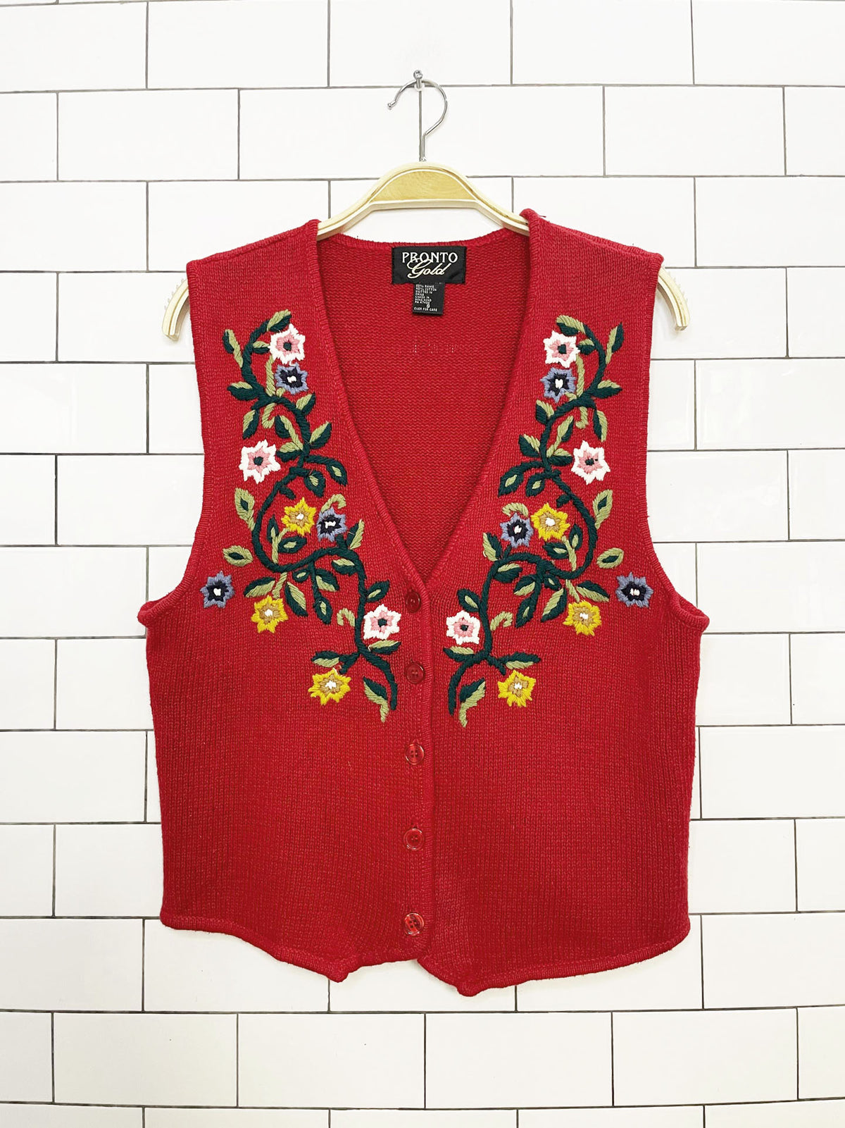 vintage pronto gold ramie-blend knit floral vest