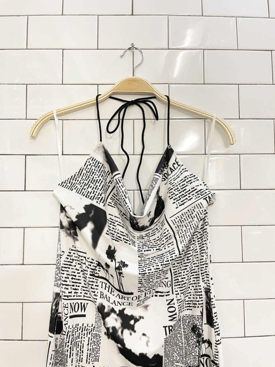y2k cowl neck newsprint halter midi dress - good market thrift store
