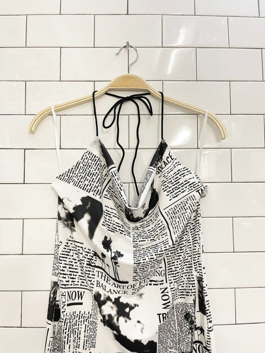 y2k cowl neck newsprint halter midi dress - good market thrift store