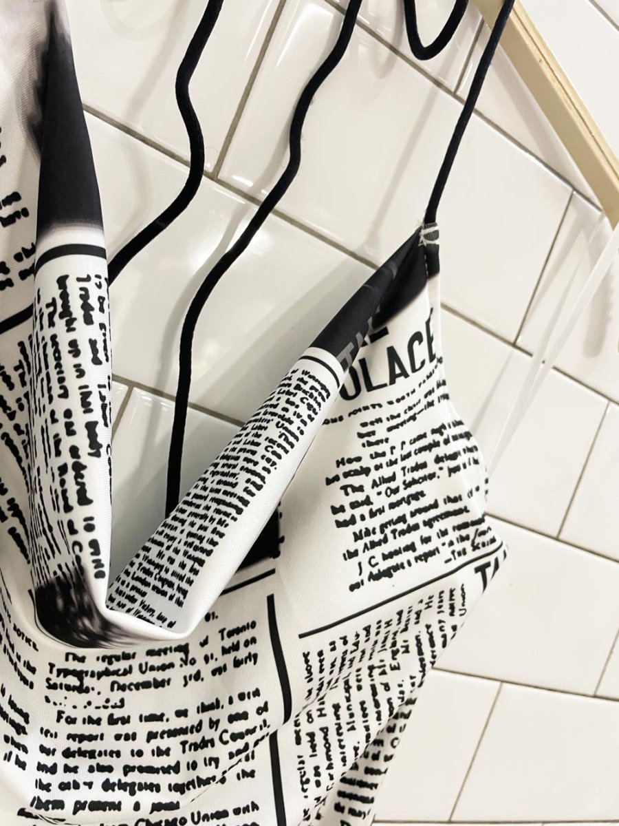 y2k cowl neck newsprint halter midi dress - good market thrift store