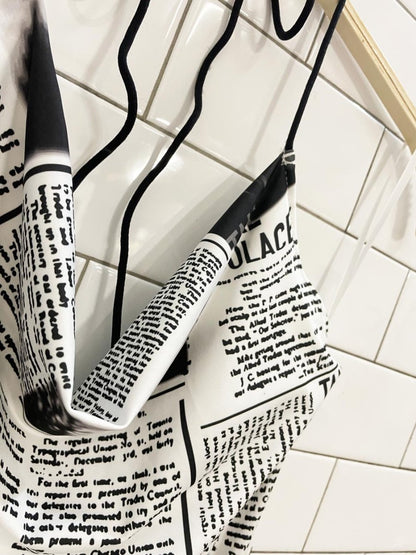 y2k cowl neck newsprint halter midi dress - good market thrift store