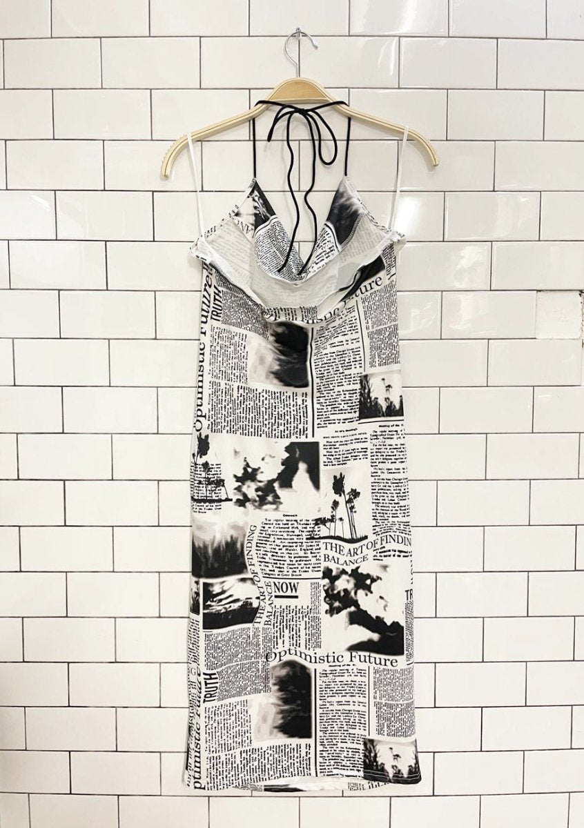 y2k cowl neck newsprint halter midi dress - good market thrift store
