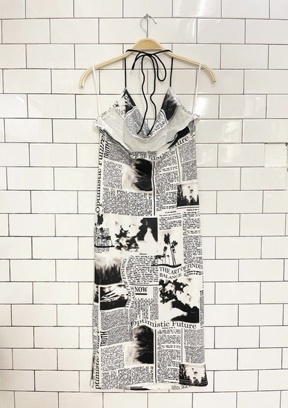 y2k cowl neck newsprint halter midi dress - good market thrift store