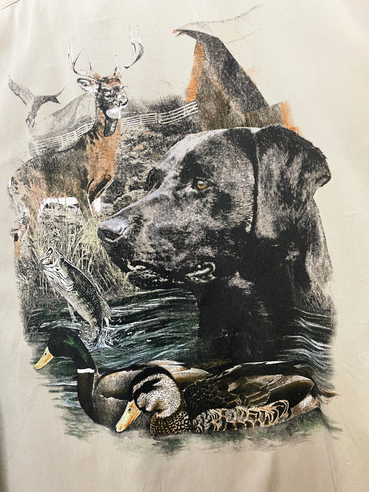 vintage hunting forest dog scene full button shirt