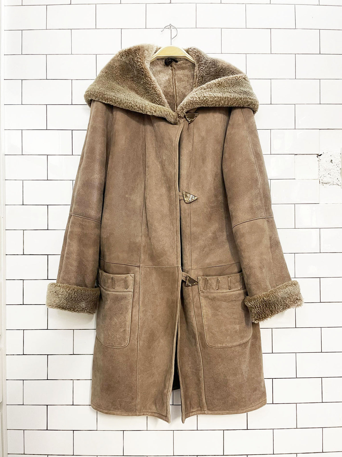 vintage boyut suede + shearling hooded toggle coat