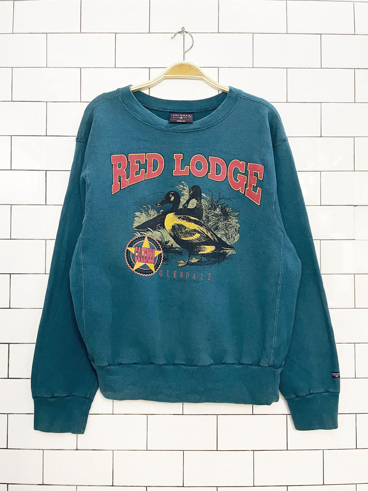 vintage coleman outdoors red lodge spellout duck print sweatshirt