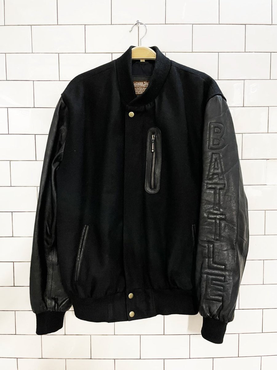 vintage michael b jordan wool - leather 'battle XXIV' varsity jacket | leather shade - good market thrift store