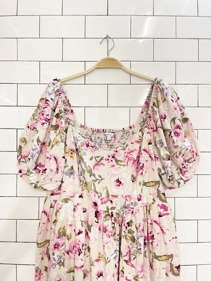 reitmans x the birds papaya linen - blend floral midi dress - good market thrift store