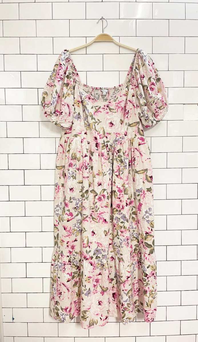 reitmans x the birds papaya linen - blend floral midi dress - good market thrift store